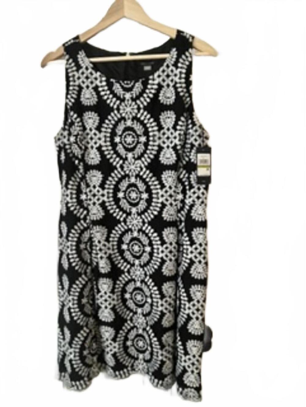 NWT Tommy Hilfiger Dress 14 Black White Embroidered Medallion Sleeveless
